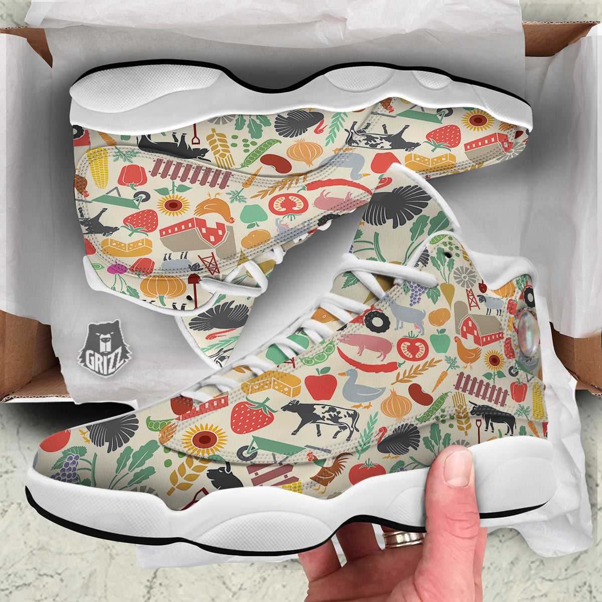 Agriculture Farming Colorful Print Pattern White Basketball Shoes-grizzshop
