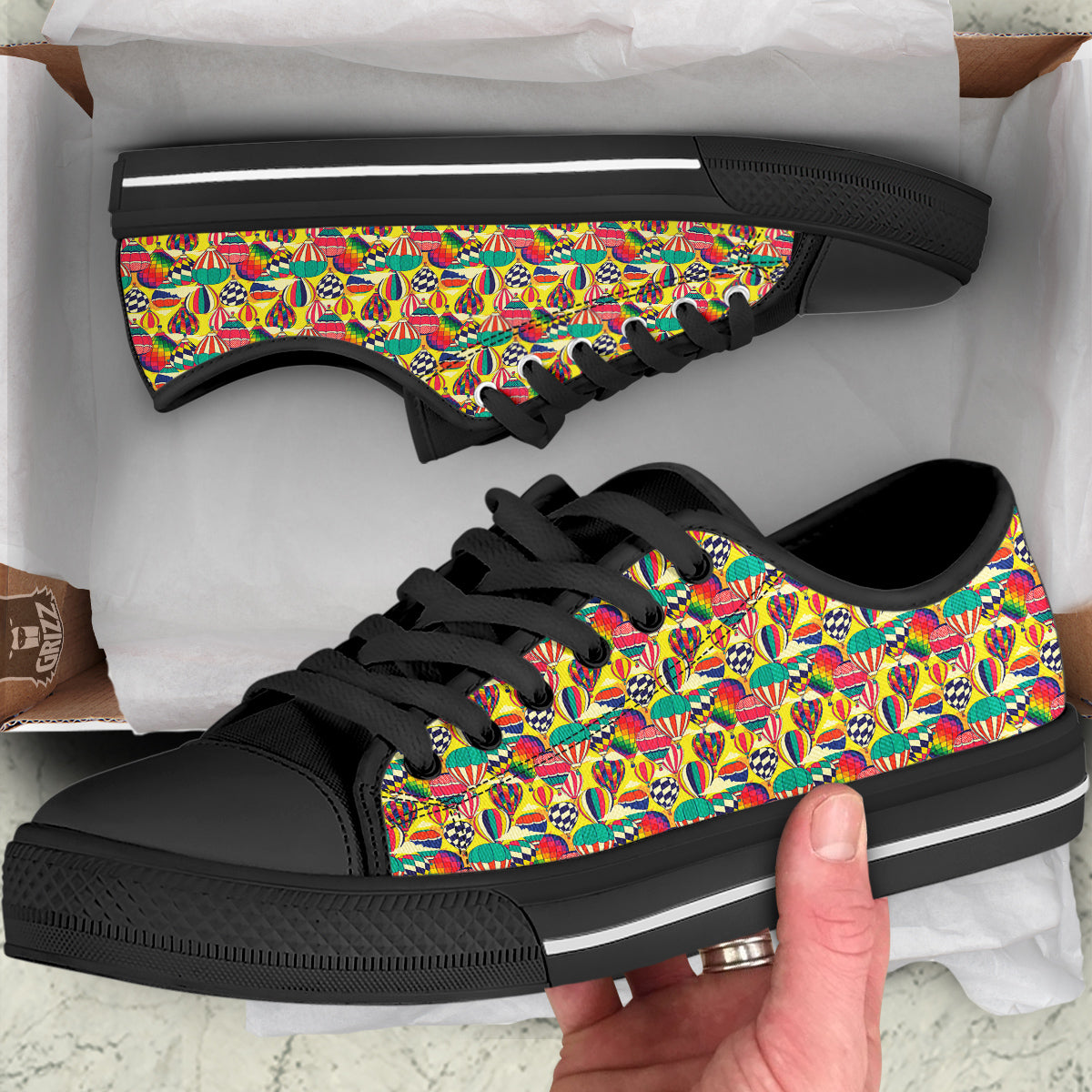 Air Balloon Colorful Print Pattern Black Low Top Shoes-grizzshop