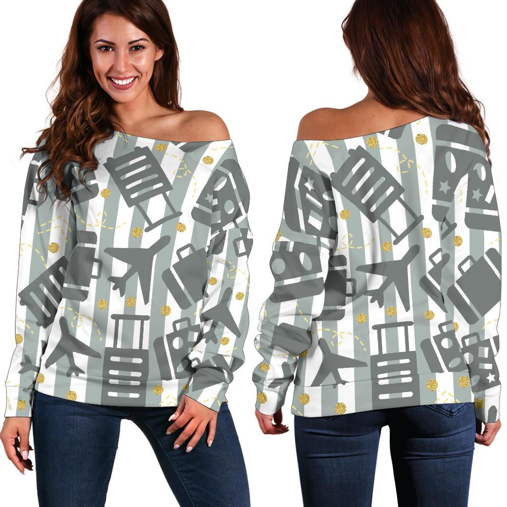 Airplane Luggage Pattern Print Women Off Shoulder Sweatshirt-grizzshop