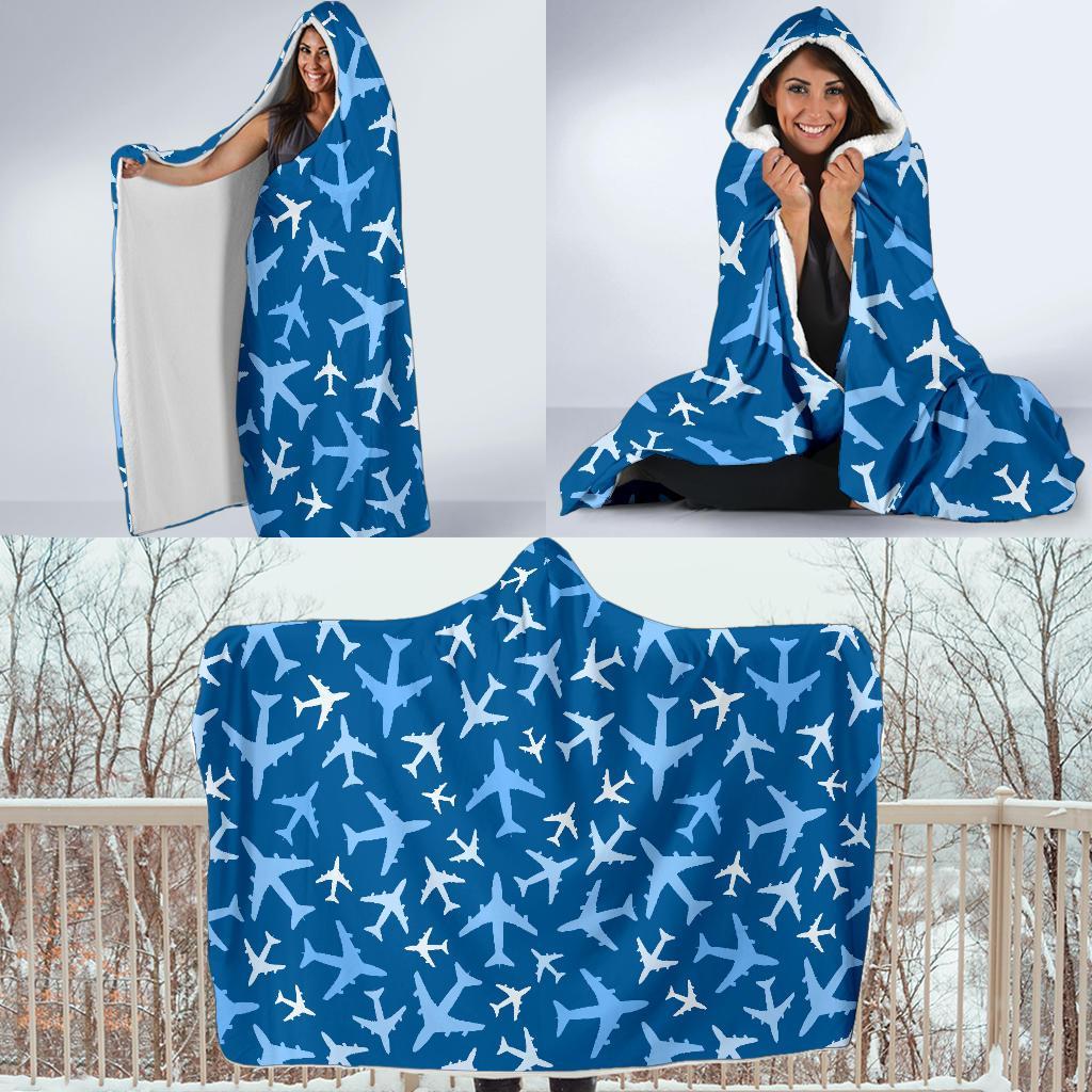 Airplane Pattern Print Hooded Blanket-grizzshop