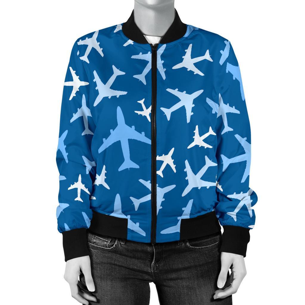 Airplane Pattern Print Women Casual Bomber Jacket-grizzshop