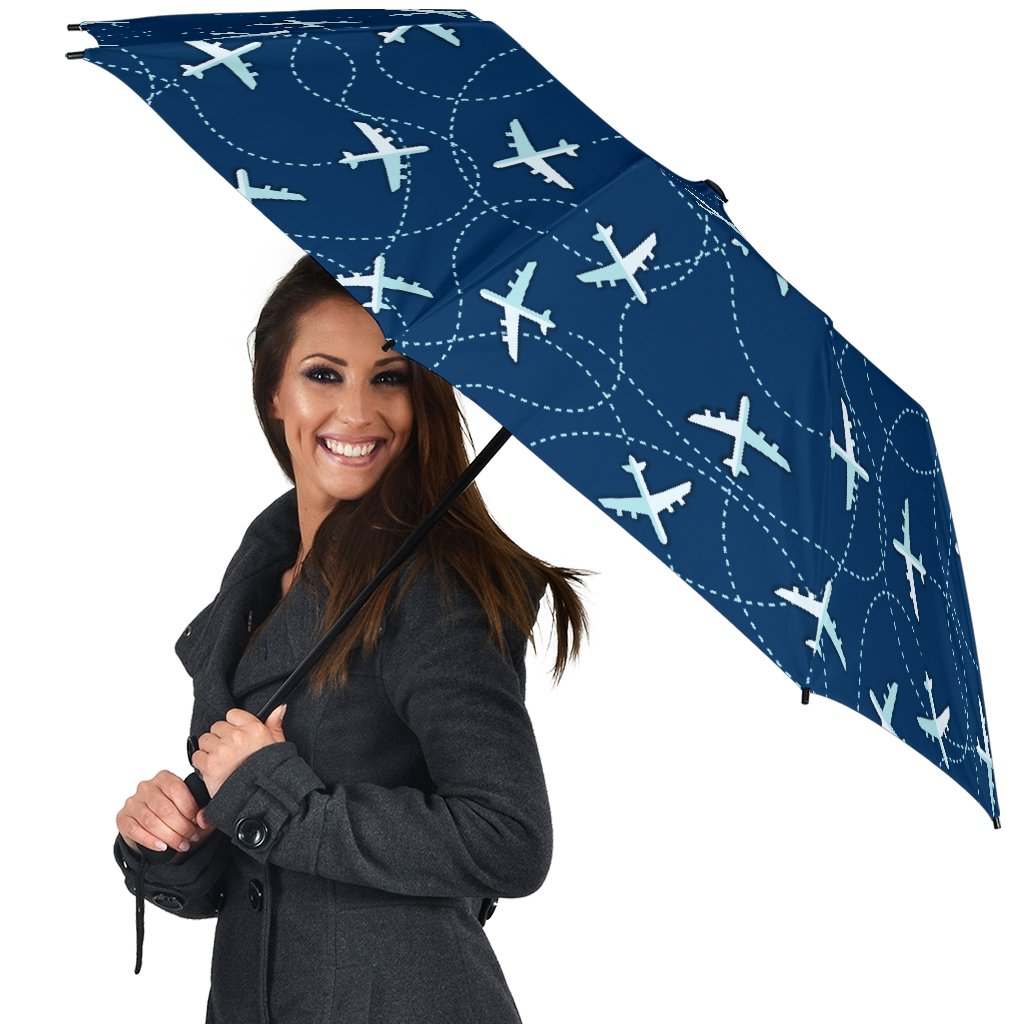 Airplane Print Pattern Automatic Foldable Umbrella-grizzshop
