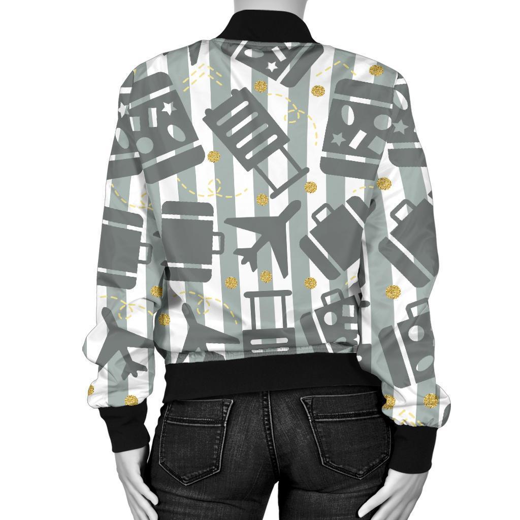 Airplane Luggage Pattern Print Women Casual Bomber Jacket-grizzshop