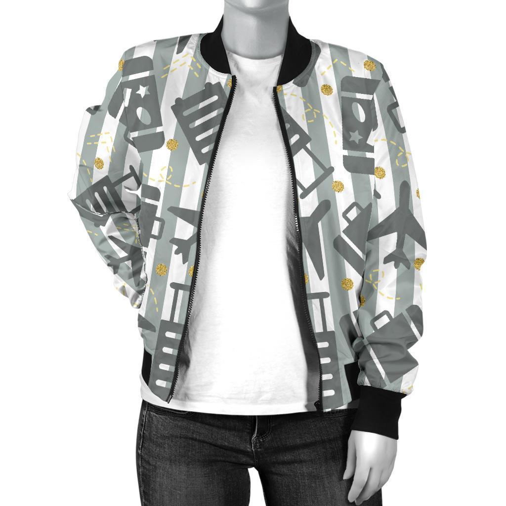 Airplane Luggage Pattern Print Women Casual Bomber Jacket-grizzshop