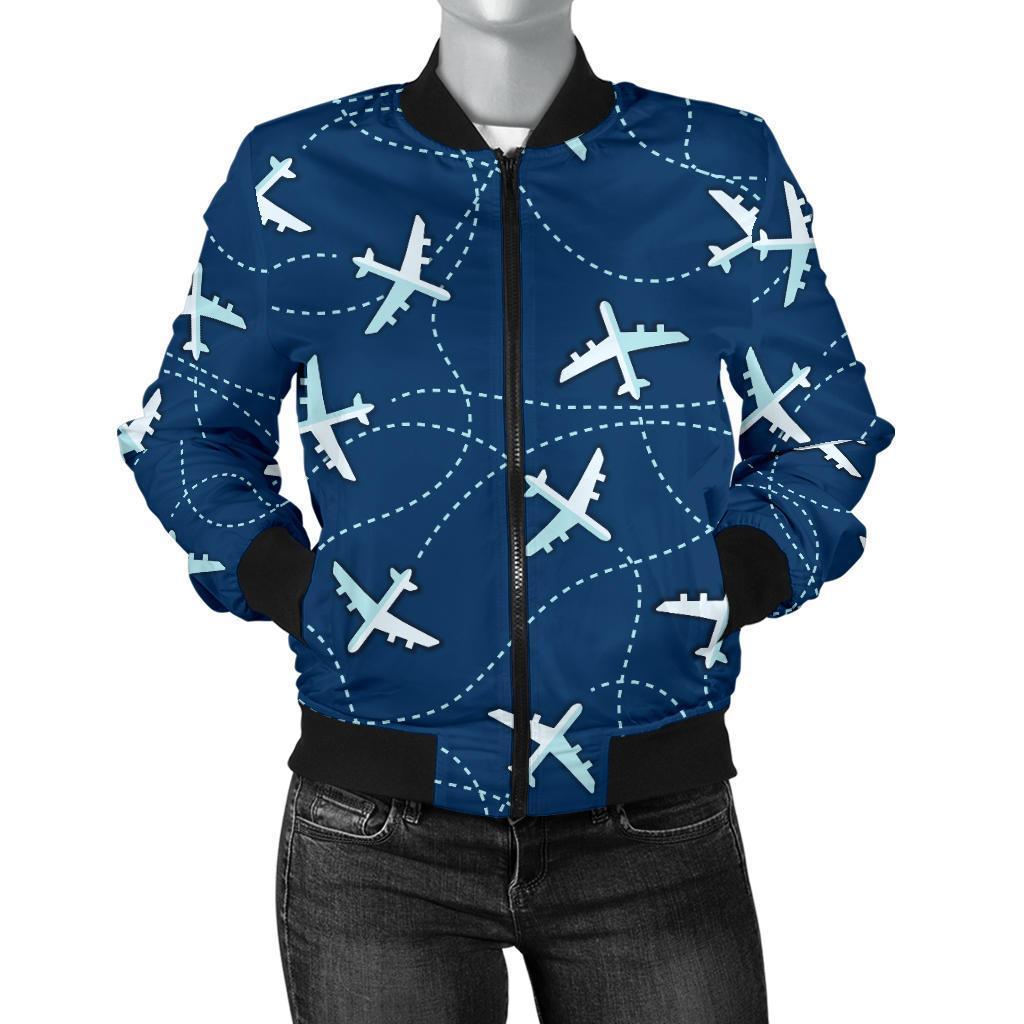 Airplane Print Pattern Women Casual Bomber Jacket-grizzshop