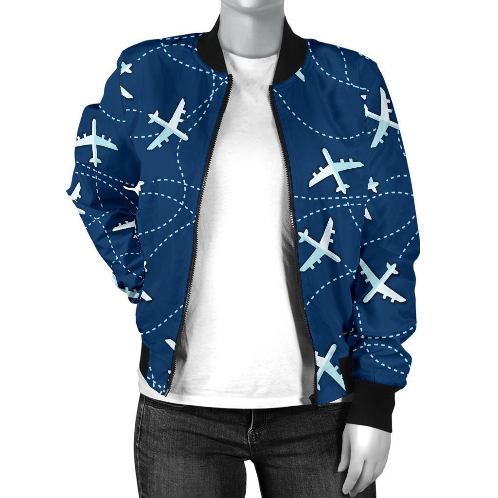 Airplane Print Pattern Women Casual Bomber Jacket-grizzshop