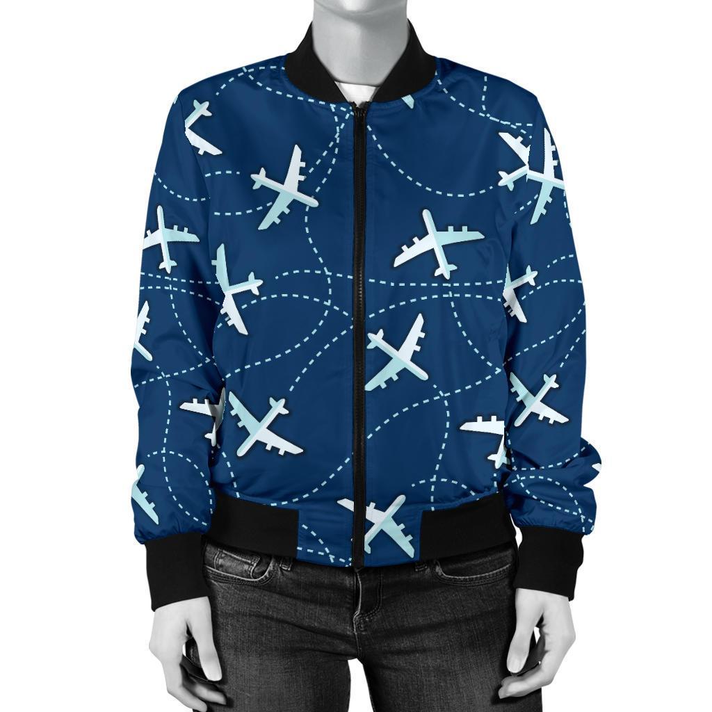 Airplane Print Pattern Women Casual Bomber Jacket-grizzshop
