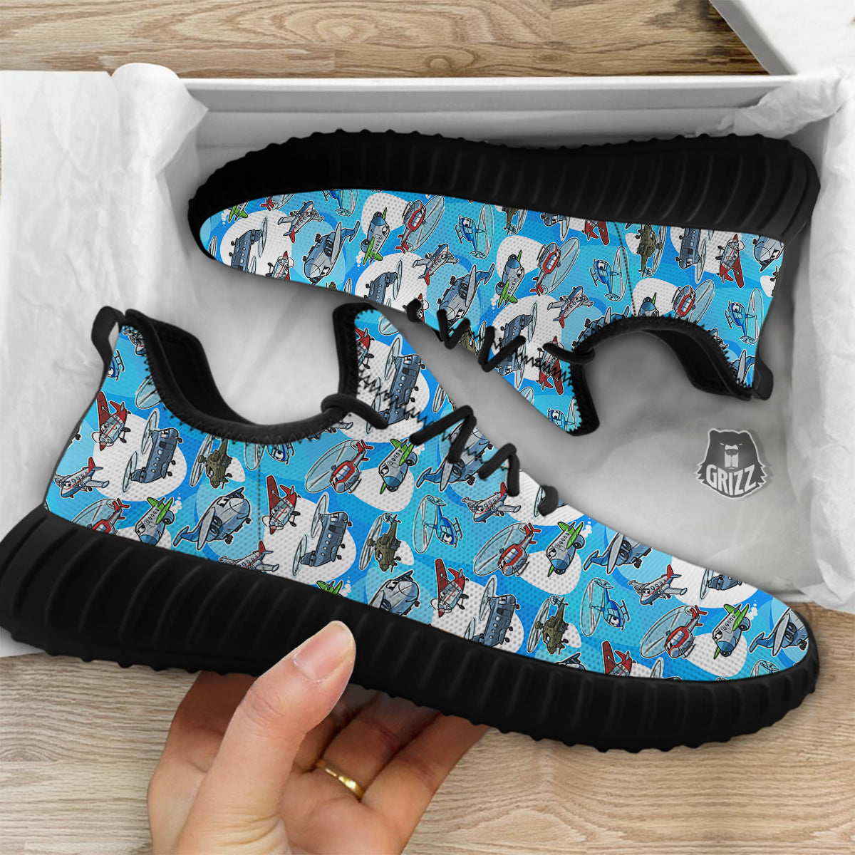 Airplanes And Helicopters Cartoon Print Pattern Black Walking Shoes-grizzshop