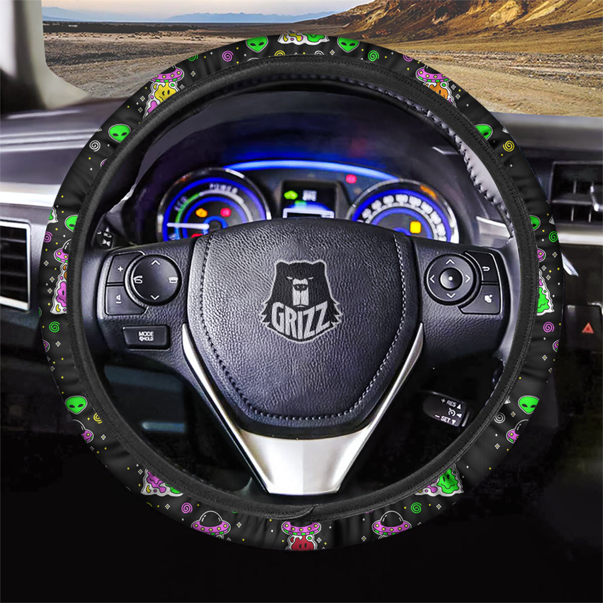 Alien And UFO Trippy Print Pattern Car Steering Wheel Cover-grizzshop