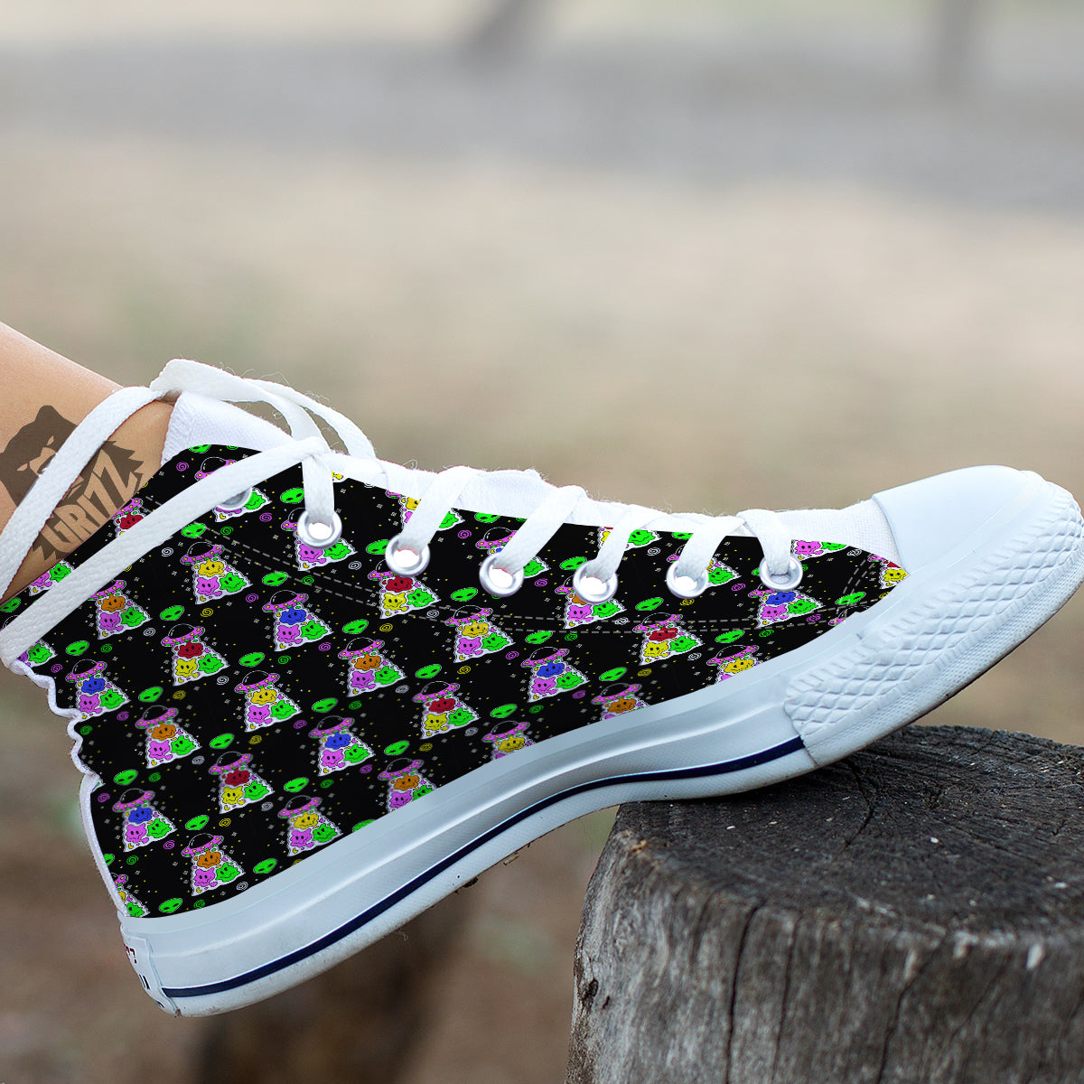 Alien And UFO Trippy Print Pattern White High Top Shoes-grizzshop