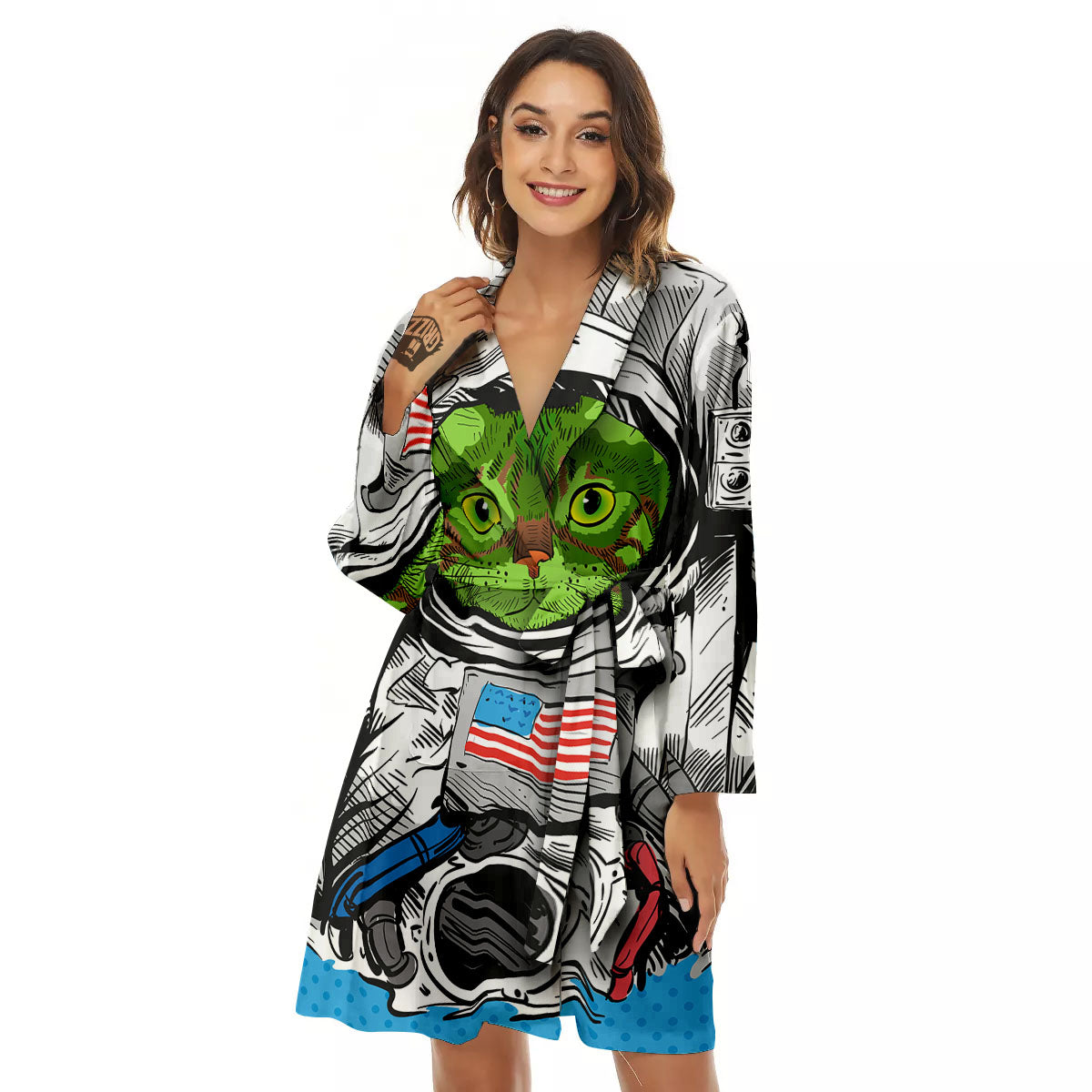 Alien Cat Astronaut Print Women's Robe-grizzshop