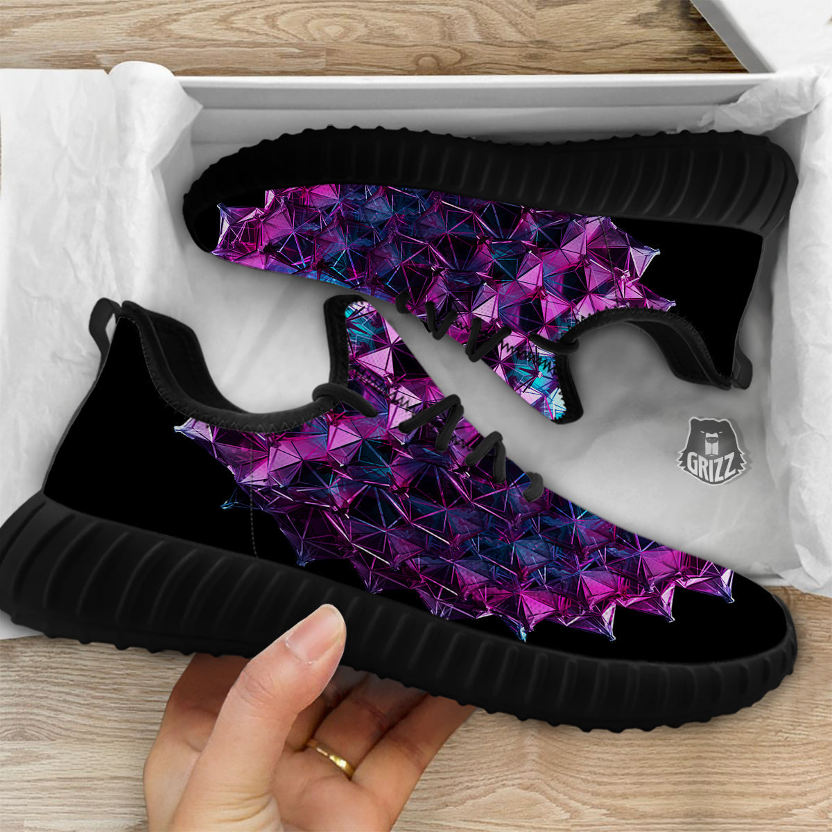 Alien Crystal Diamond Flower Print Black Walking Shoes-grizzshop