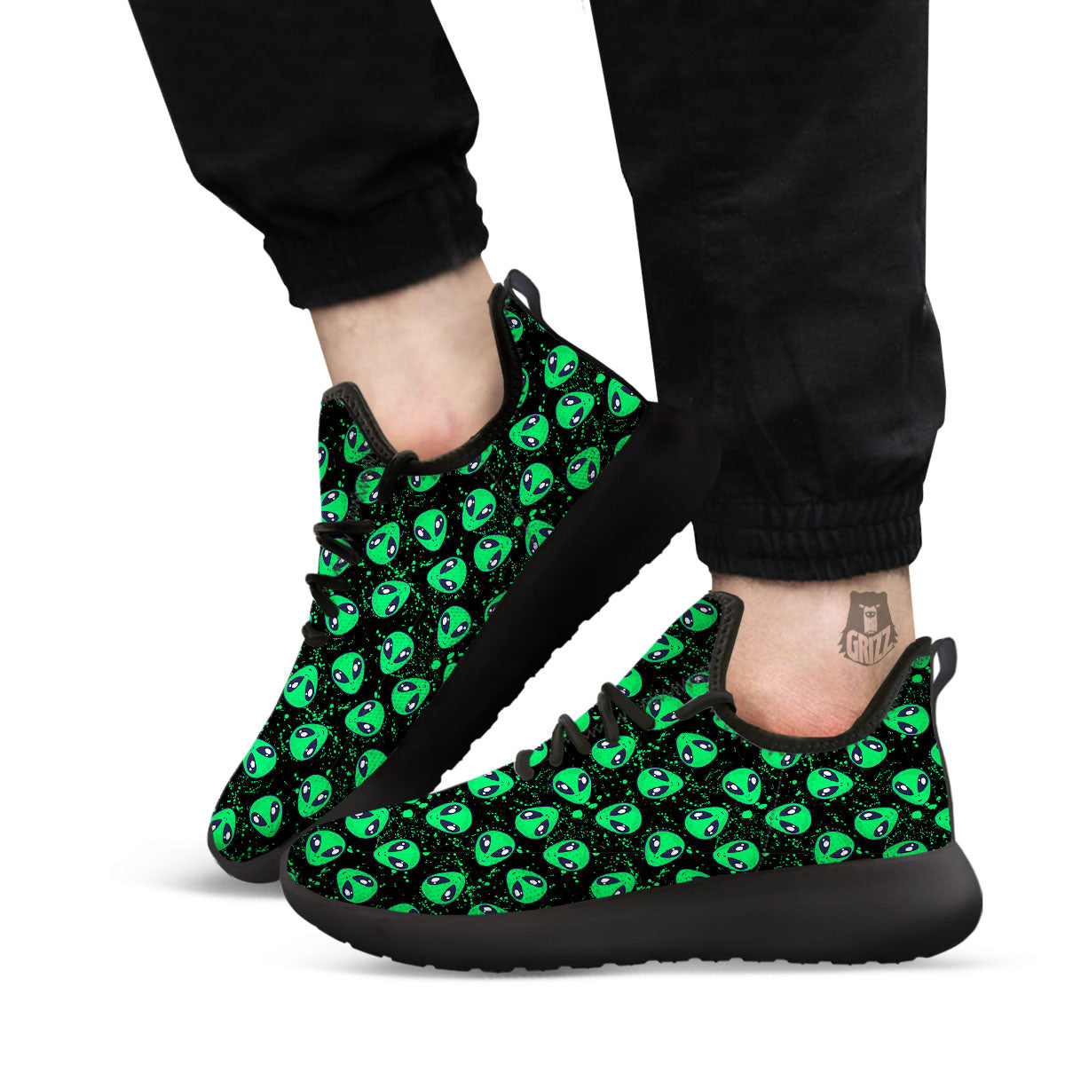 Alien Face Green Print Pattern Black Athletic Shoes-grizzshop