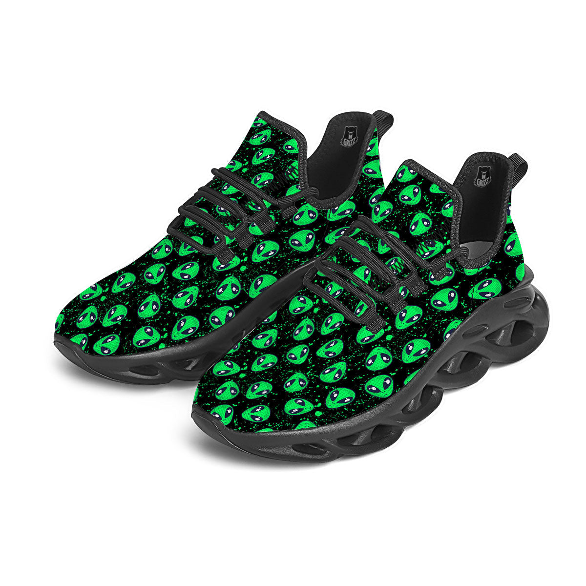 Alien Face Green Print Pattern Black Running Shoes-grizzshop