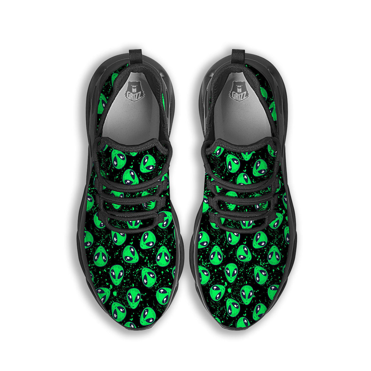 Alien Face Green Print Pattern Black Running Shoes-grizzshop