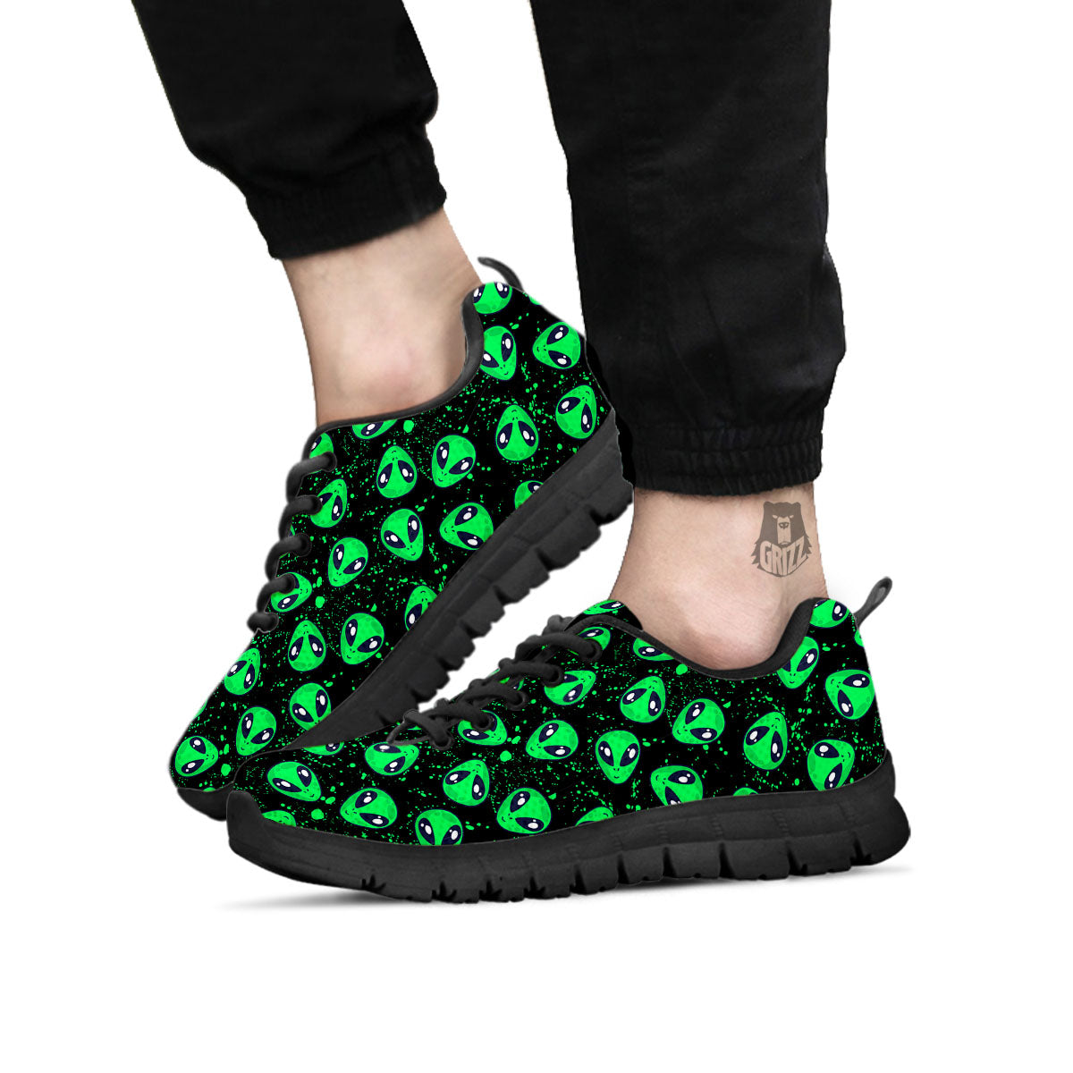 Alien Face Green Print Pattern Black Sneaker-grizzshop