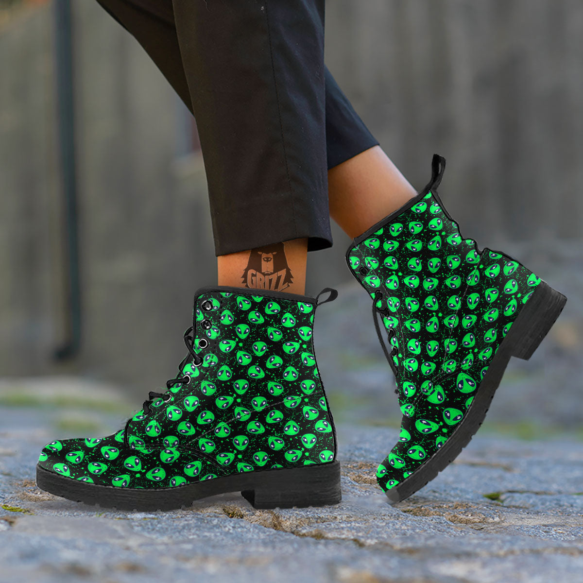 Alien Face Green Print Pattern Leather Boots-grizzshop