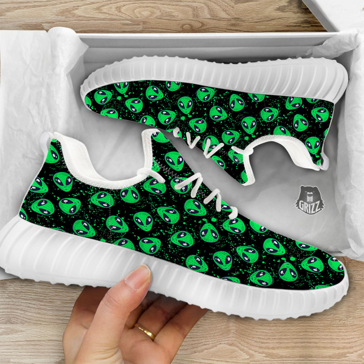 Alien Face Green Print Pattern White Walking Shoes-grizzshop