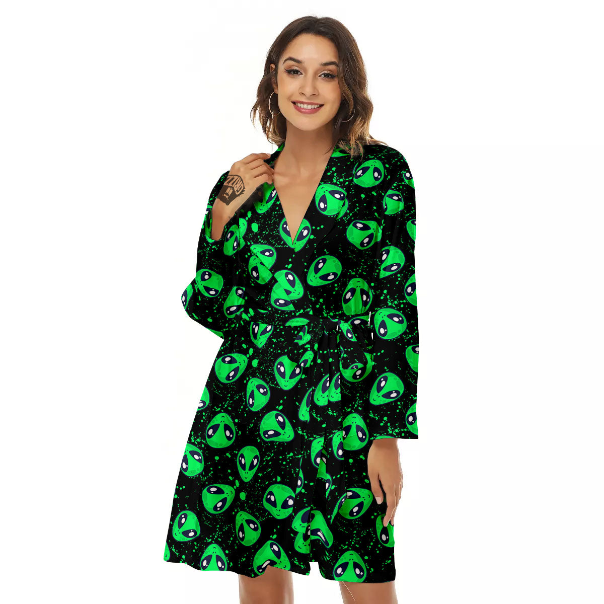 Alien Face Green Print Pattern Women's Robe-grizzshop
