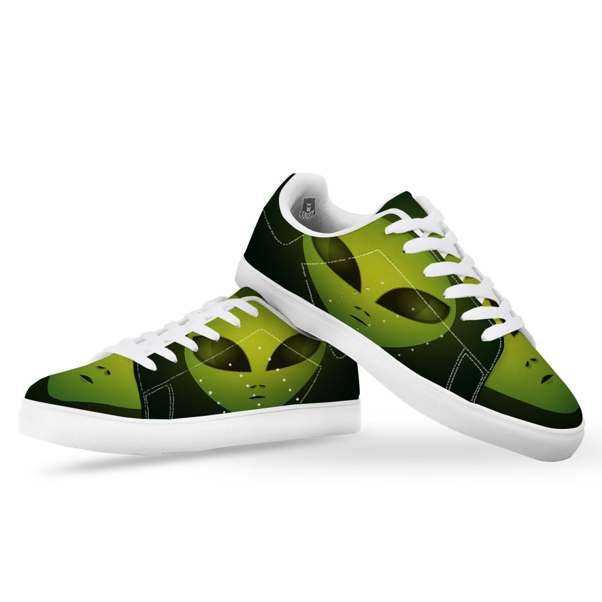 Alien Face Green Print White Low Top Sneakers-grizzshop