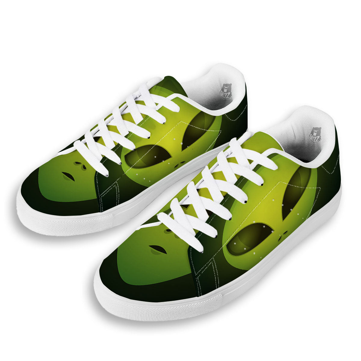Alien Face Green Print White Low Top Sneakers-grizzshop