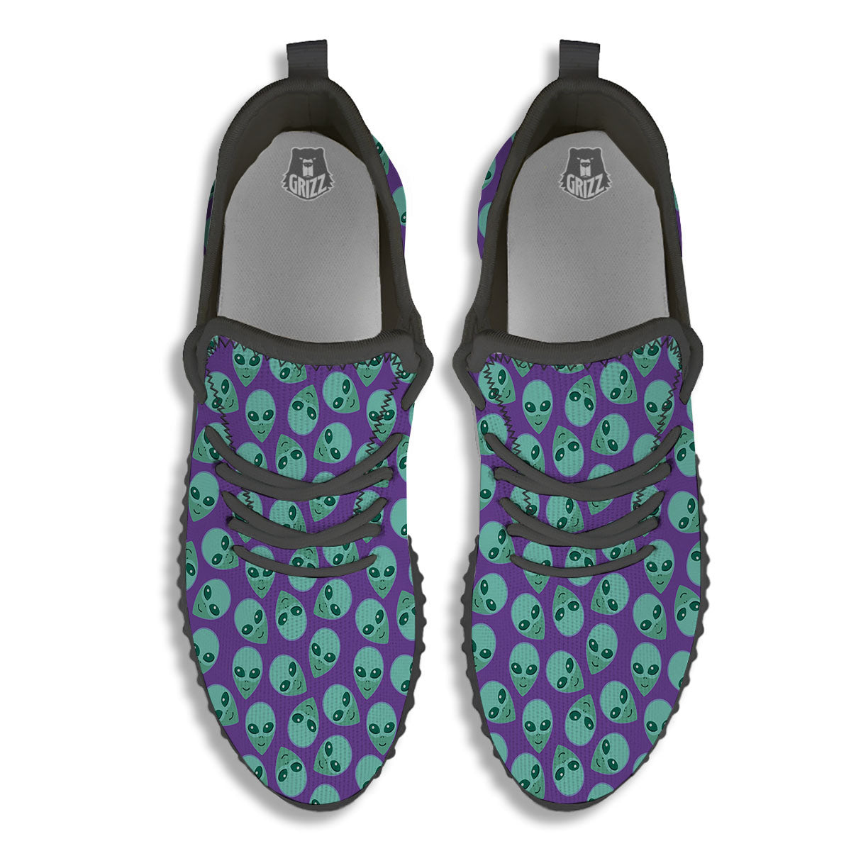 Alien Face Purple Print Pattern Black Walking Shoes-grizzshop