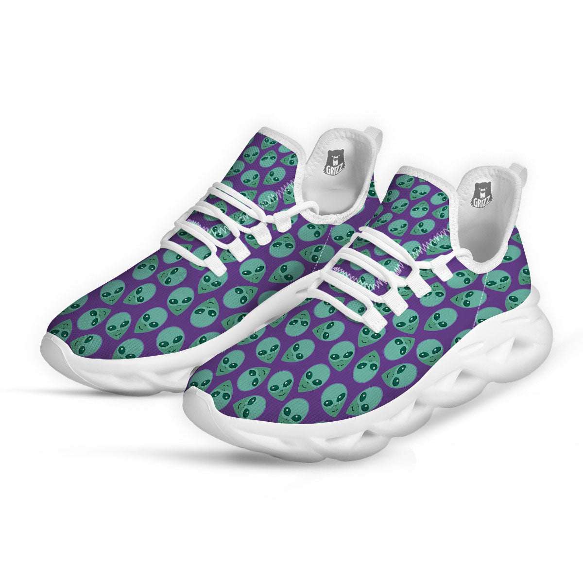 Alien Face Purple Print Pattern White Running Shoes-grizzshop