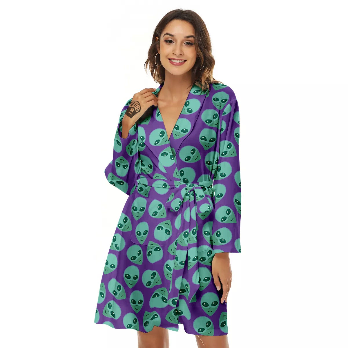 Alien Face Purple Print Pattern Women's Robe-grizzshop