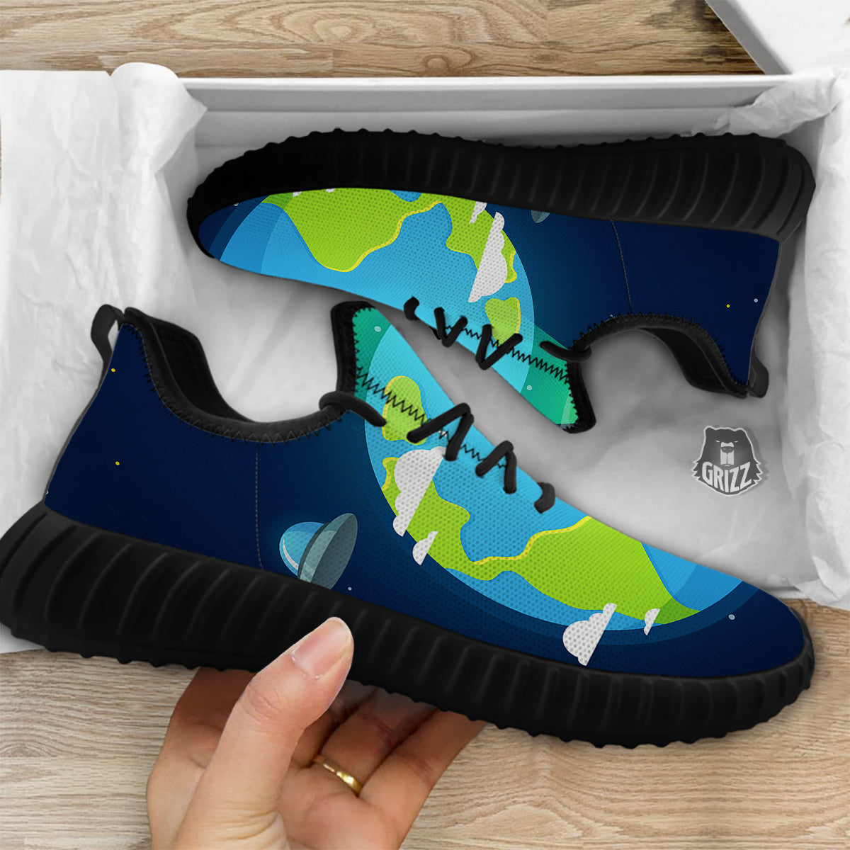 Alien Invasion And Earth Print Black Walking Shoes-grizzshop