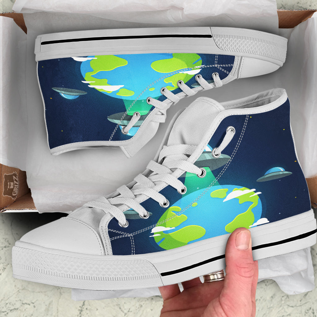 Alien Invasion And Earth Print White High Top Shoes-grizzshop