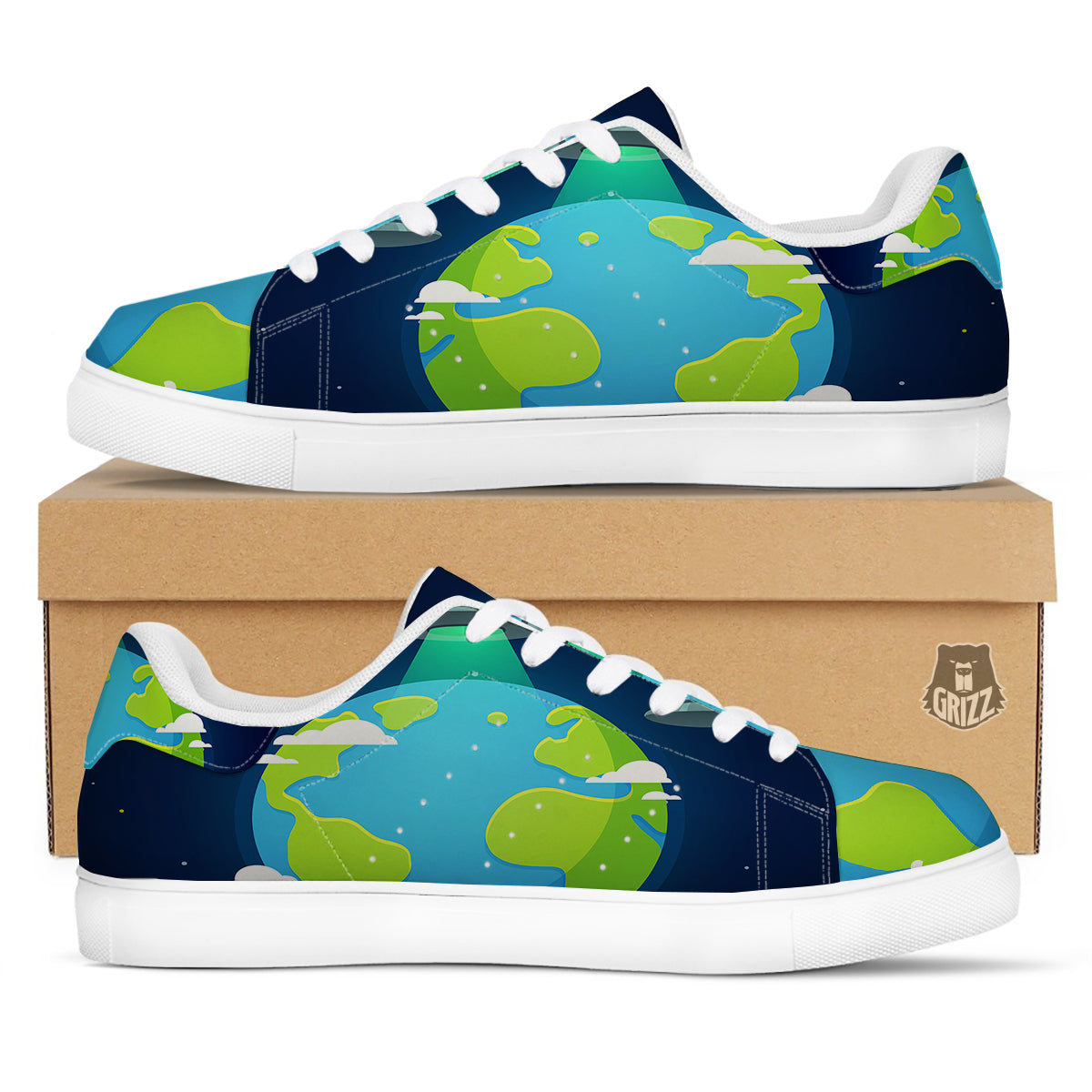 Alien Invasion And Earth Print White Low Top Sneakers-grizzshop