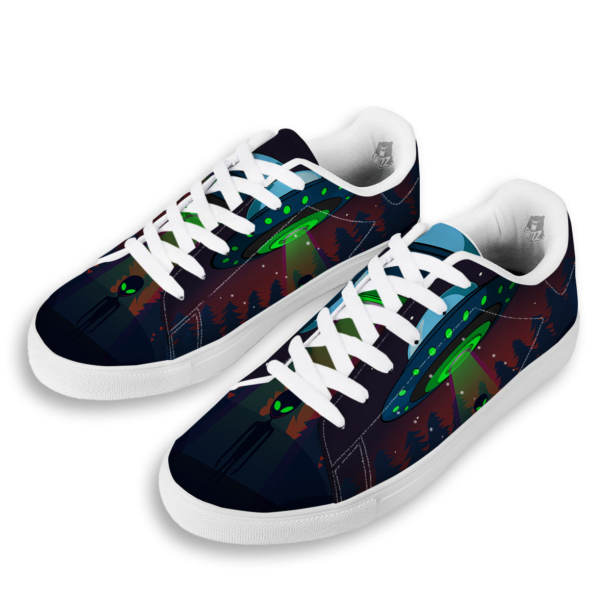 Alien Invasion On Earth Print White Low Top Sneakers-grizzshop