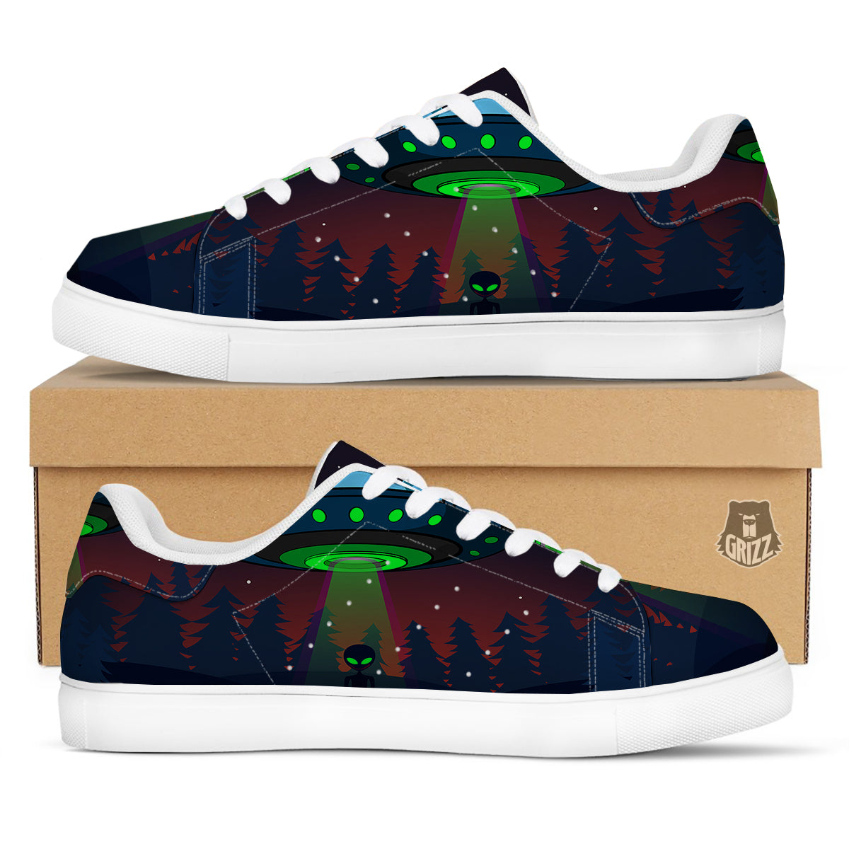 Alien Invasion On Earth Print White Low Top Sneakers-grizzshop
