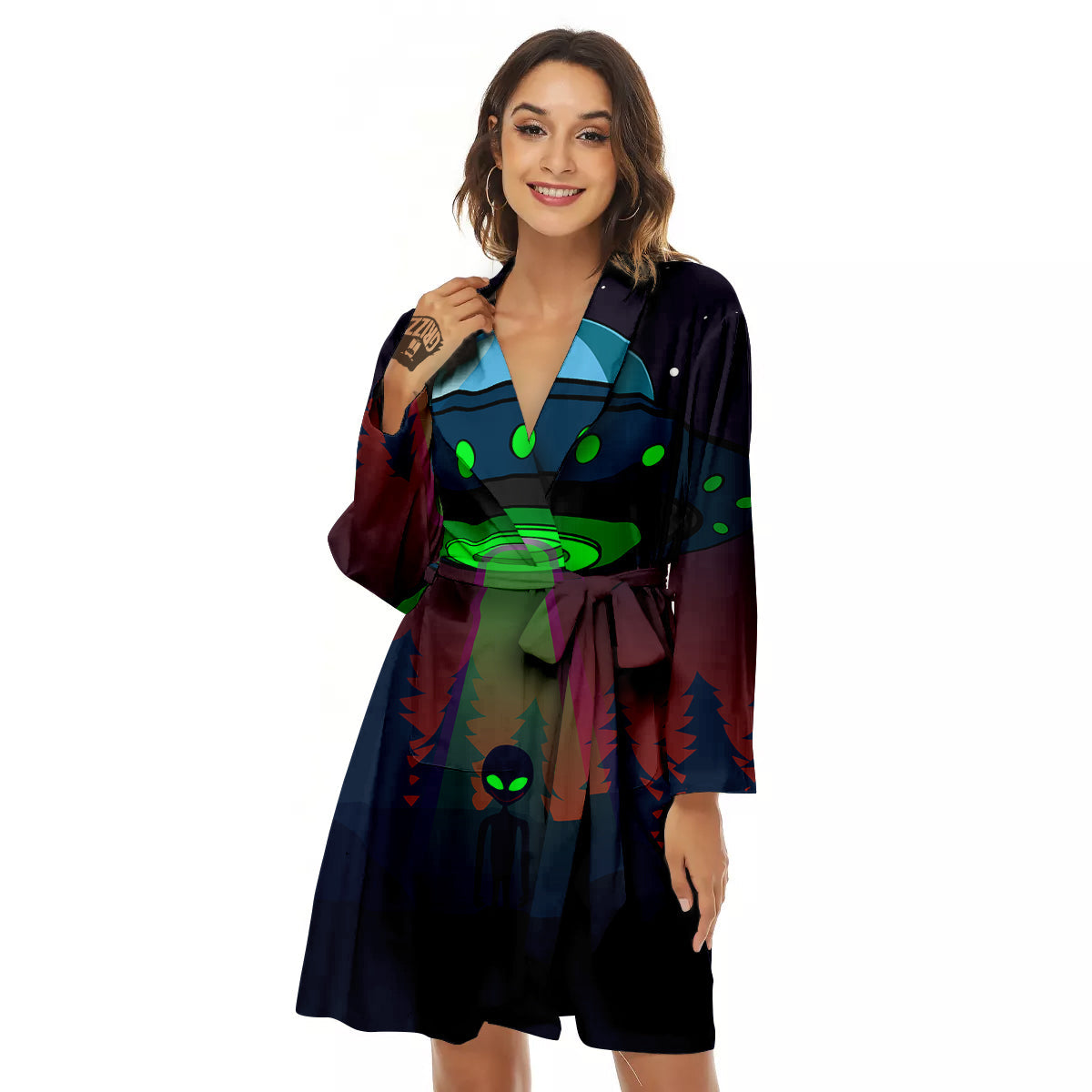 Alien Invasion On Earth Print Women's Robe-grizzshop