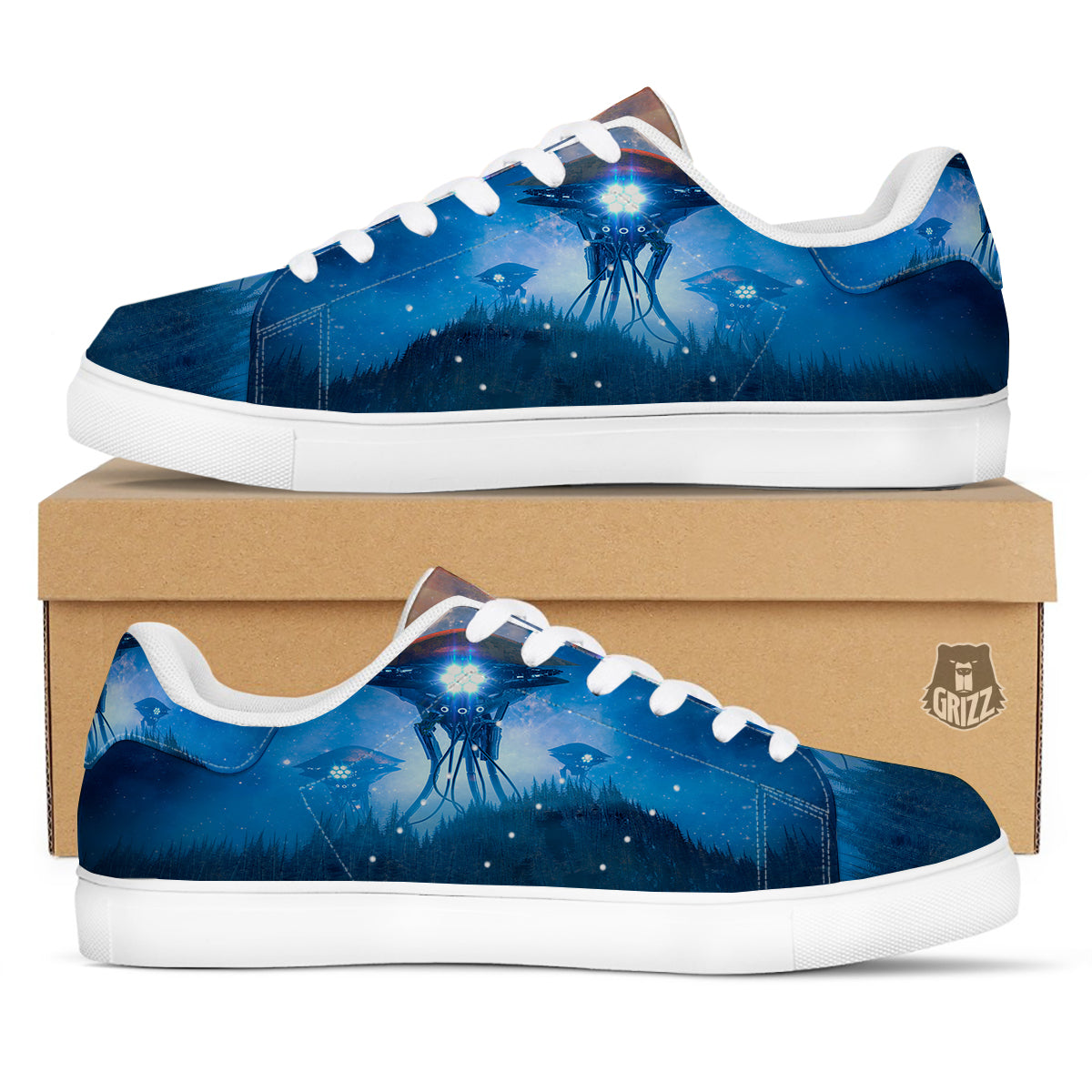 Alien Machines Print White Low Top Sneakers-grizzshop