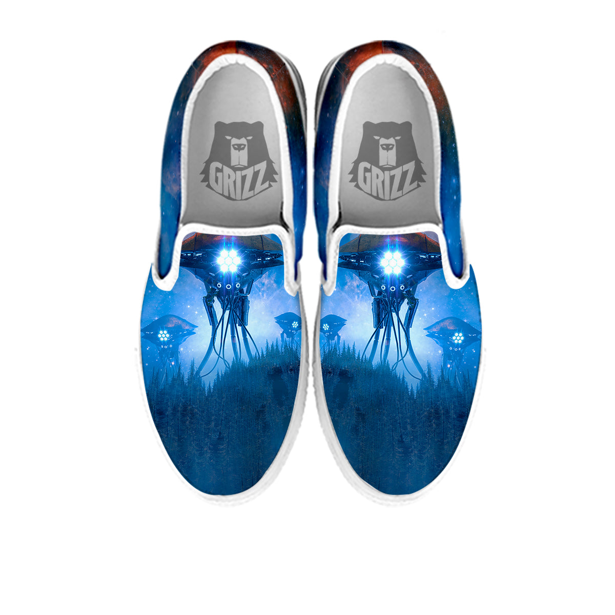 Alien Machines Print White Slip On Shoes-grizzshop