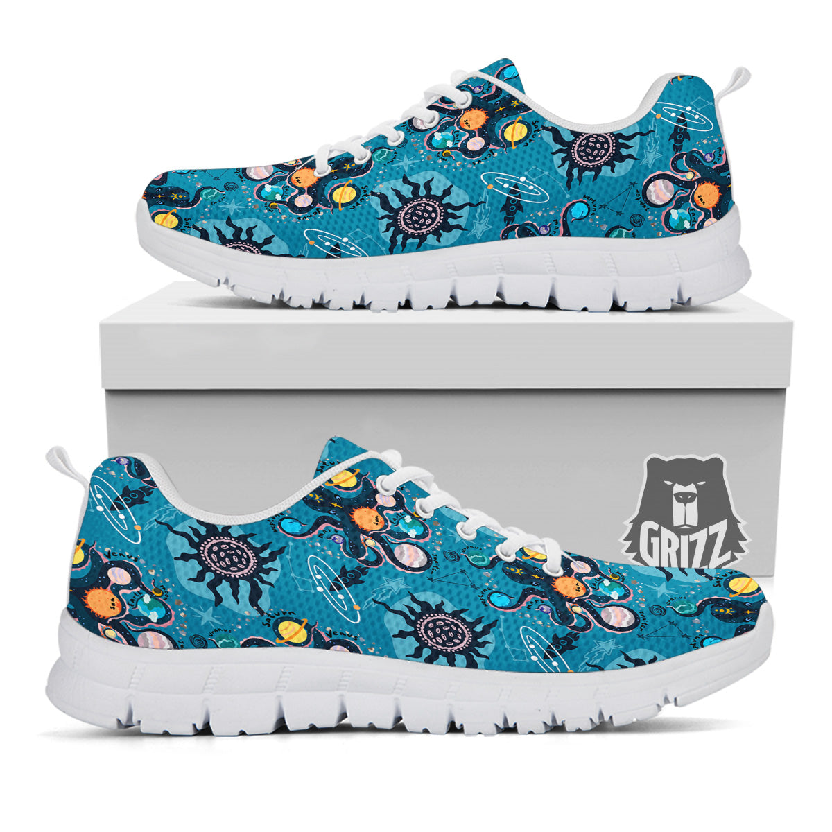 Alien On Planets Print Pattern White Sneaker-grizzshop