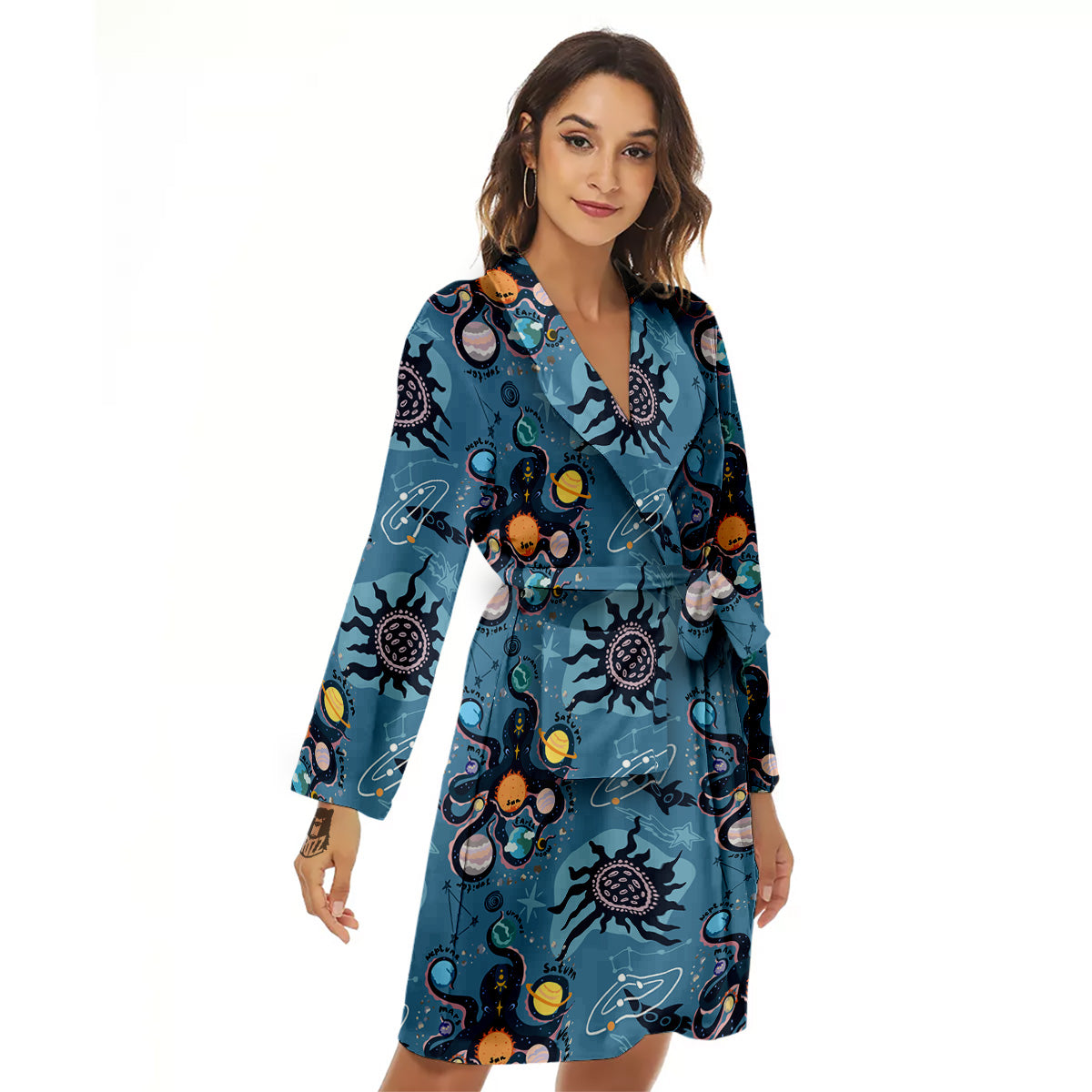 Alien On Planets Print Pattern Women's Robe-grizzshop