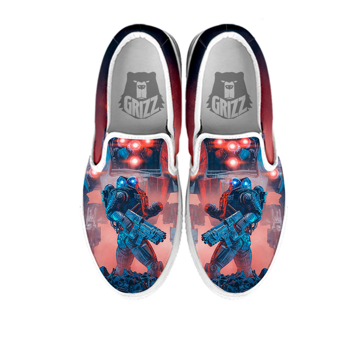 Alien Robot In the battlefield White Slip On Shoes-grizzshop