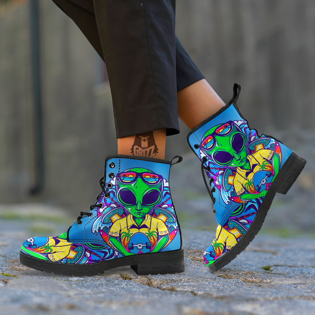 Alien Summer Beach Print Leather Boots-grizzshop