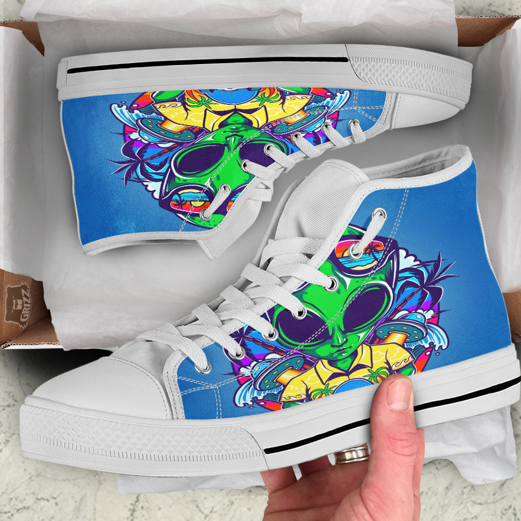 Alien Summer Beach Print White High Top Shoes-grizzshop
