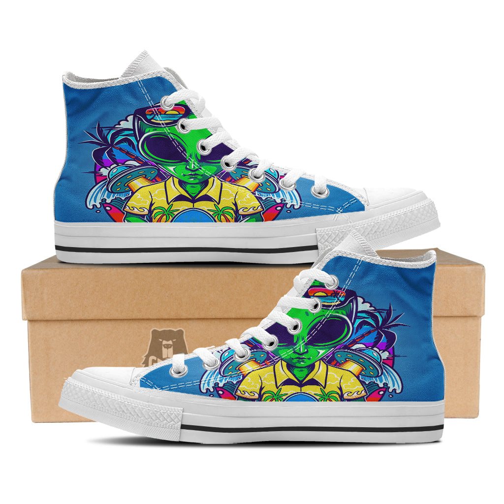 Alien Summer Beach Print White High Top Shoes-grizzshop