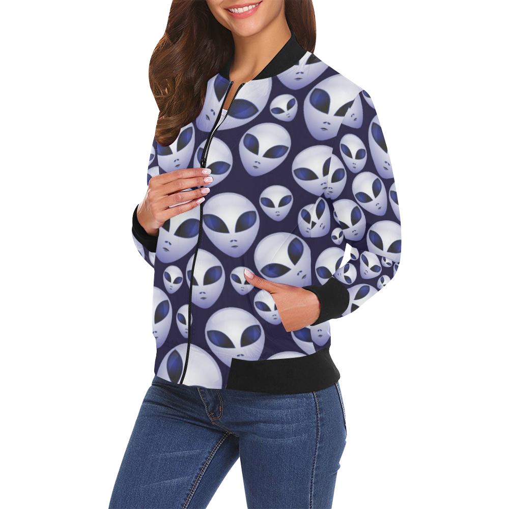 Alien Ufo Pattern Print Women Casual Bomber Jacket-grizzshop