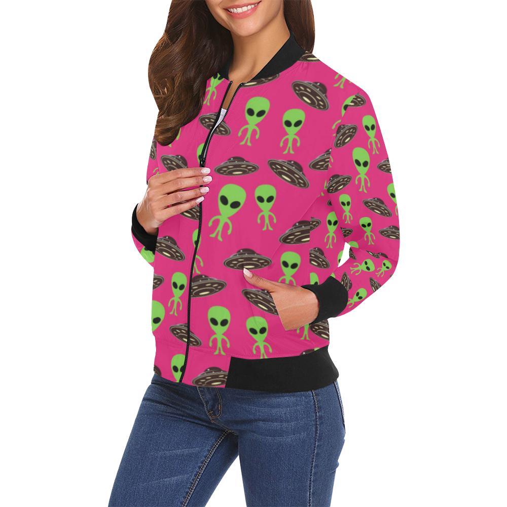 Alien Ufo Pink Pattern Print Women Casual Bomber Jacket-grizzshop
