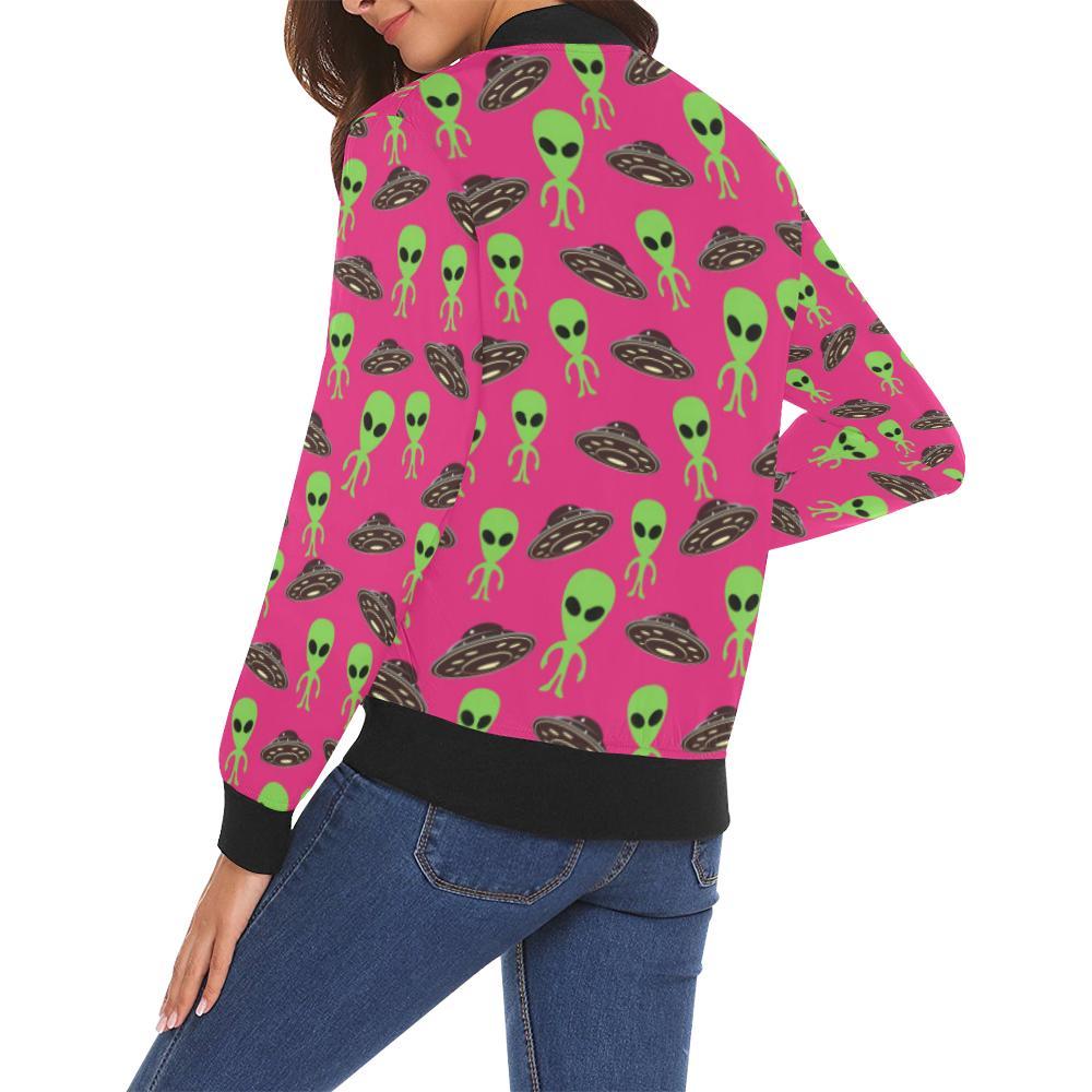 Alien Ufo Pink Pattern Print Women Casual Bomber Jacket-grizzshop