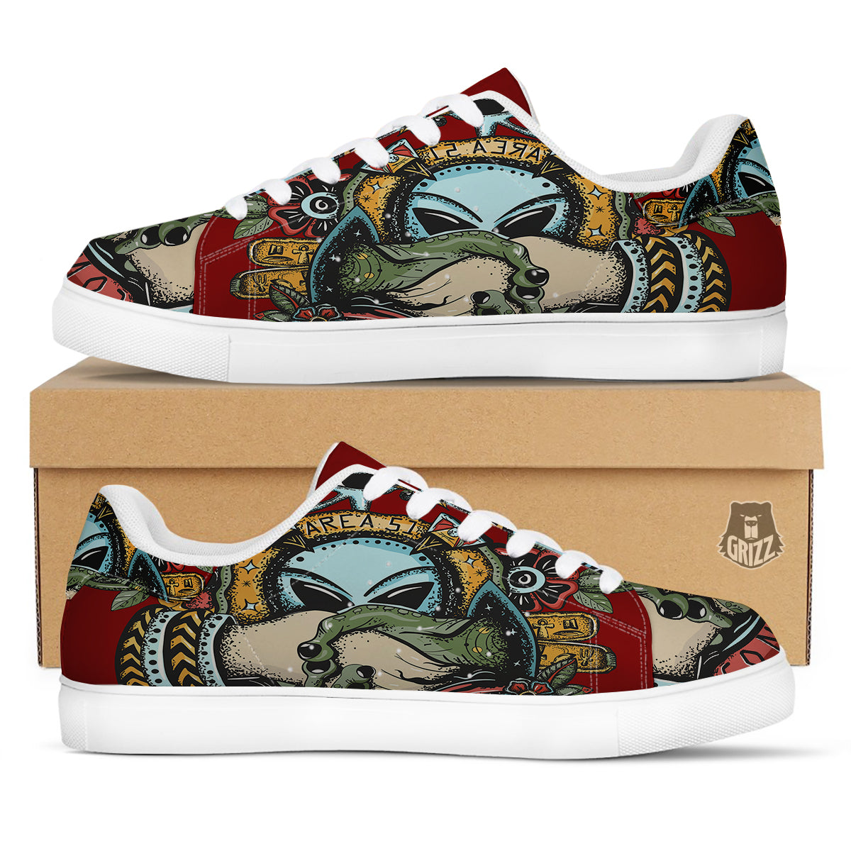 Aliens Area 51 Print White Low Top Sneakers-grizzshop