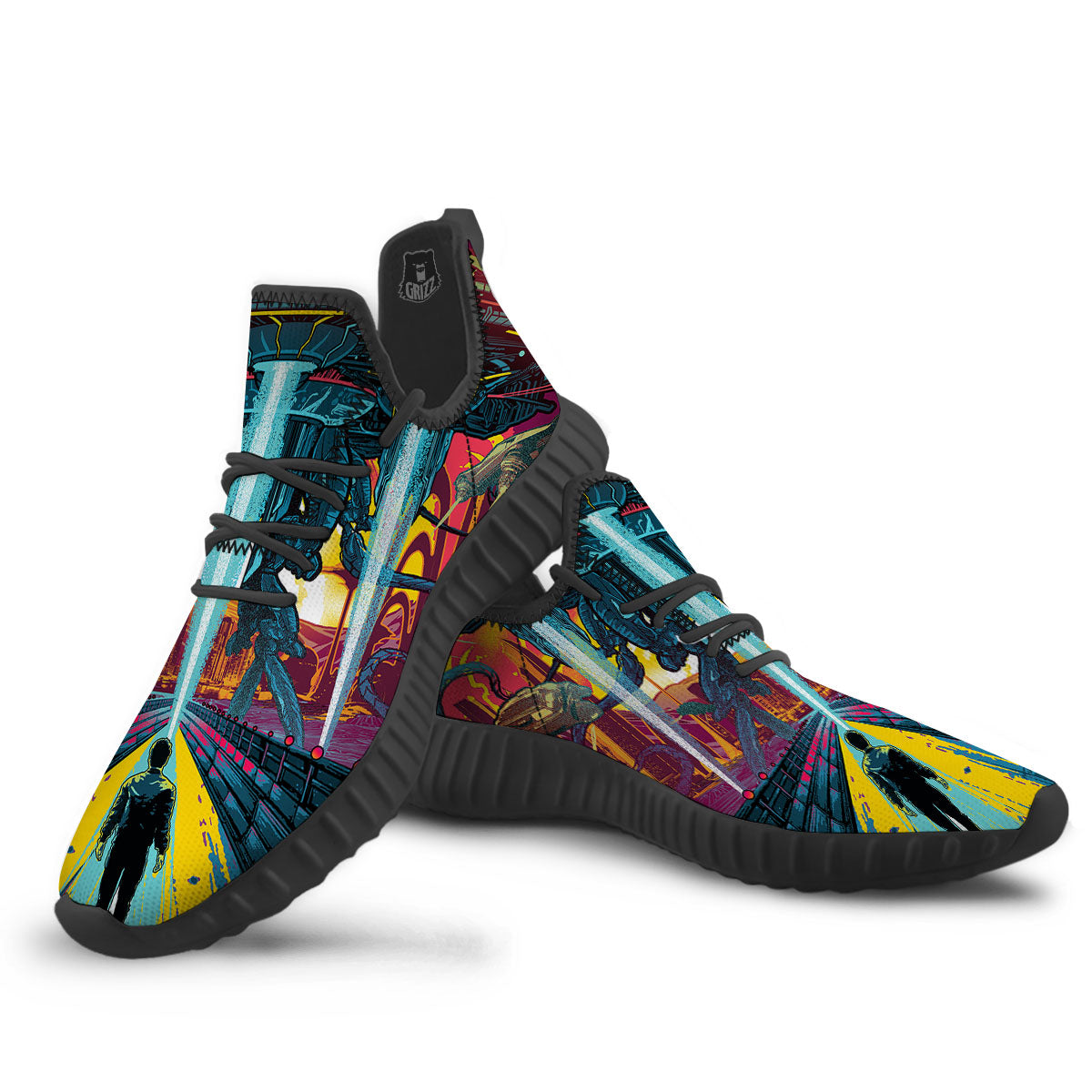 Aliens Invade earth Print Black Walking Shoes-grizzshop