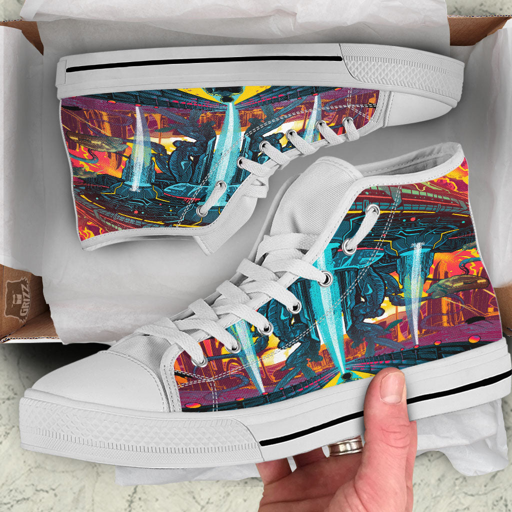Aliens Invade earth Print White High Top Shoes-grizzshop