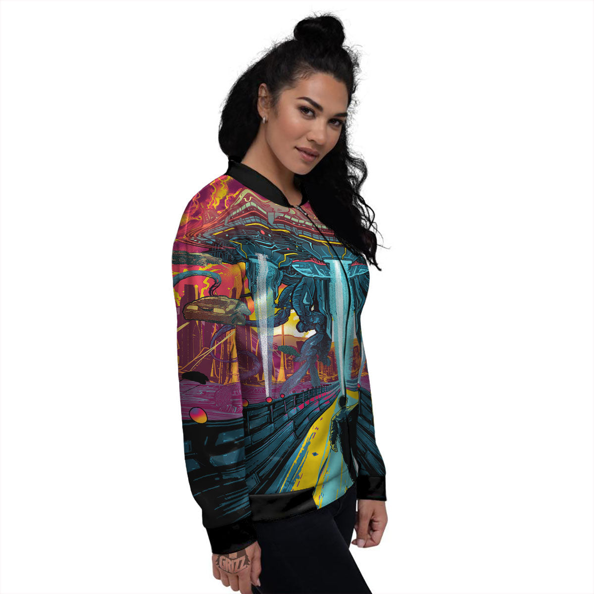 Aliens Invade earth Print Women's Bomber Jacket-grizzshop