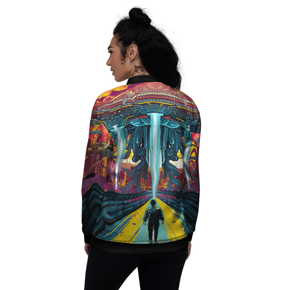Aliens Invade earth Print Women's Bomber Jacket-grizzshop